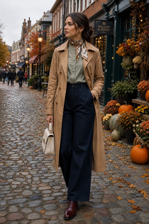 Woman in a tan trench coat, sage green blouse, wide-leg dark jeans, burgundy loafers