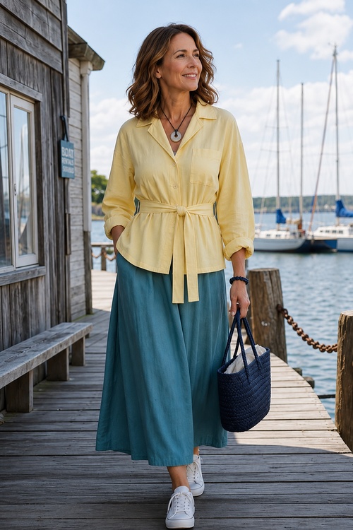 Woman in a yellow belted blouse with a teal midi skirt and white sneakers.