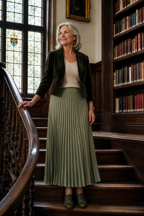 Woman in an olive pleated midi skirt and velvet blazer standing on a library staircase.