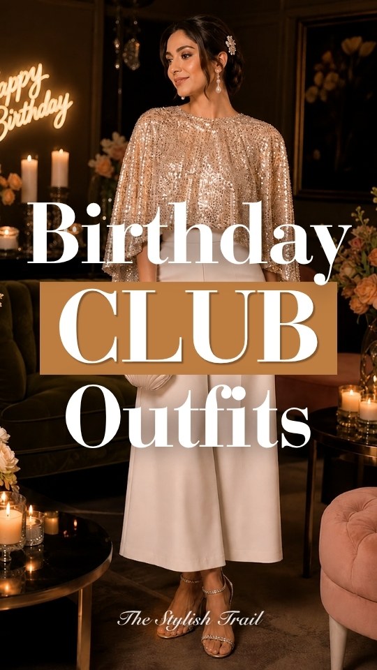 Woman wearing a birthday club outfit with a sequin cape top with cream wide-leg trousers, a shell-shaped clutch, and embellished strappy sandals