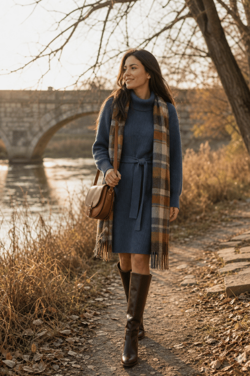 Woman wearing a blue belted sweater dress with a plaid scarf, tall brown leather boots, and a leather crossbody bag by a riverside path.