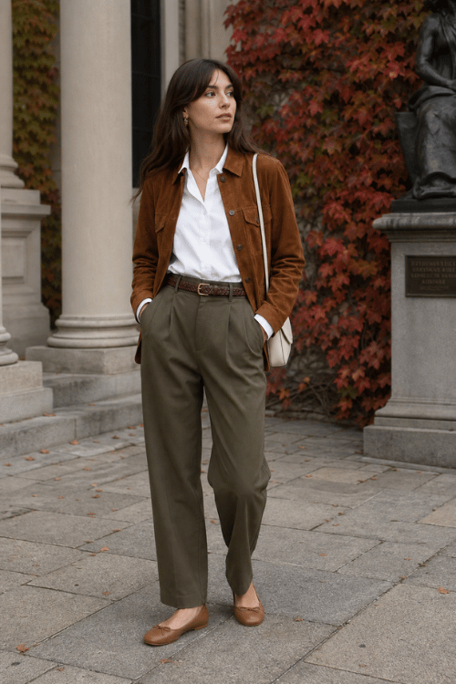 Woman wearing a brown suede overshirt with a white button-up shirt, olive wide-leg trousers, tan ballet flats, and a cream shoulder bag.