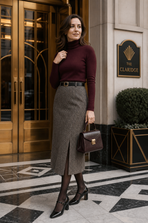 Woman wearing a burgundy turtleneck with a brown tweed midi skirt, black Mary Jane heels, and a structured burgundy leather handbag.