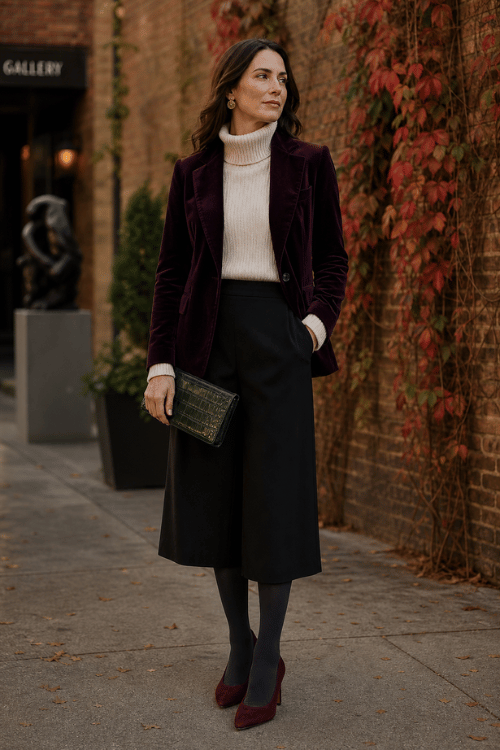 Woman wearing a burgundy velvet blazer over a cream turtleneck with black wide-leg culottes, burgundy pumps, and a crocodile leather clutch.