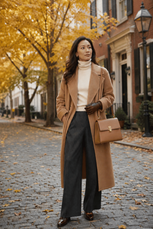 Woman wearing a camel wool coat over a cream turtleneck with charcoal wide-leg trousers, brown leather gloves, loafers, and a structured tan handbag.