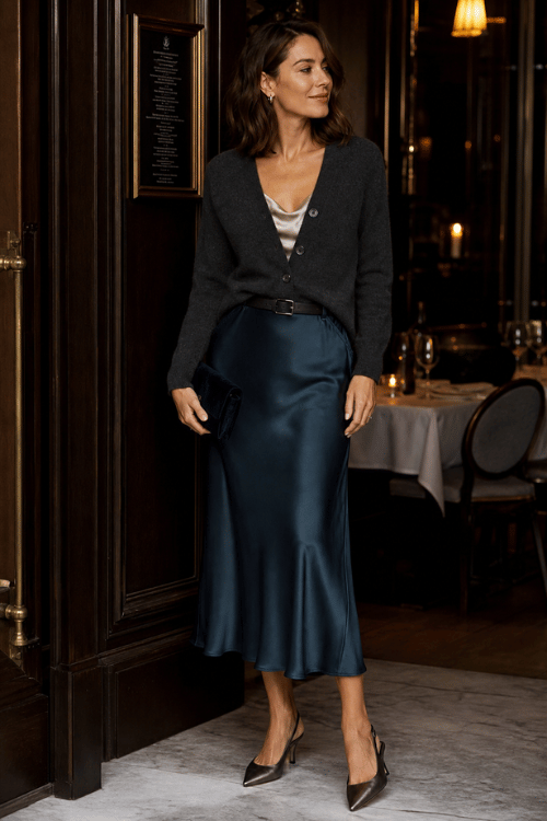 Woman wearing a charcoal cardigan over a satin camisole with a navy satin midi skirt, pointed-toe heels, and a velvet clutch.