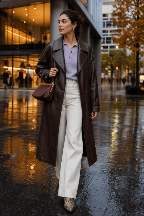 Woman wearing a dark brown leather trench coat over a lavender knit polo with white wide-leg trousers, snakeskin ankle boots, and a burgundy shoulder bag.