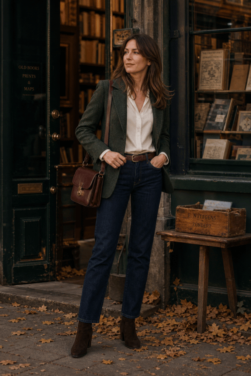 Woman wearing a forest green blazer with a white blouse, dark blue straight-leg jeans, brown ankle boots, and a burgundy leather satchel.