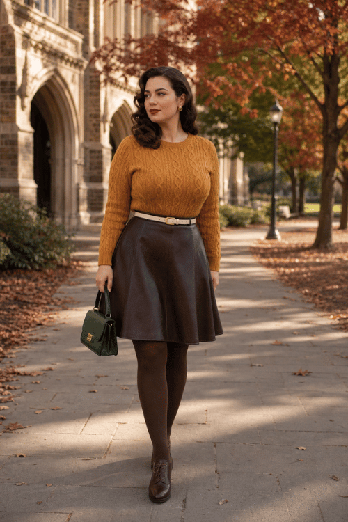 Woman wearing a mustard cable knit sweater with a brown leather A-line skirt, brown lace-up shoes, and a dark green handbag.