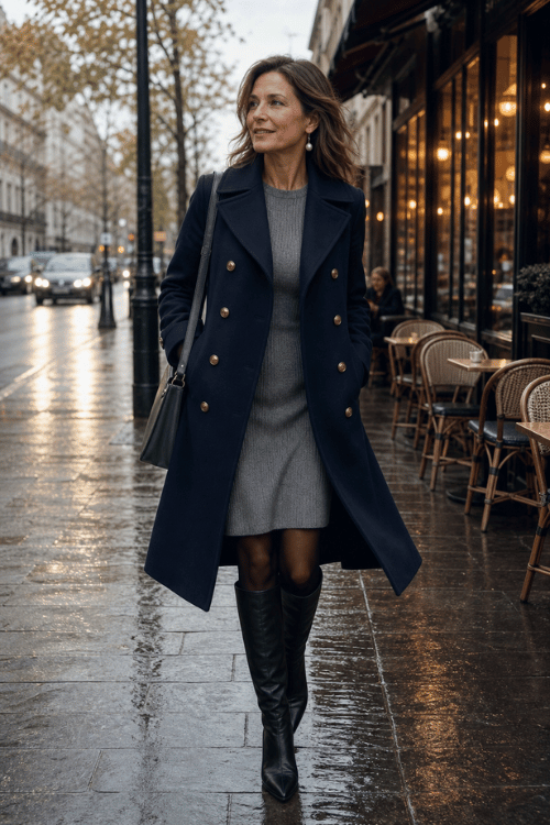 Woman wearing a navy double-breasted wool coat over a gray knit dress with knee-high black leather boots and a black shoulder bag.