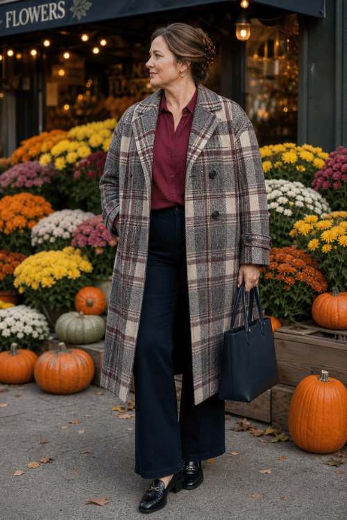 Woman wearing a plaid wool coat over a burgundy blouse with navy wide-leg trousers, black loafers, and a navy leather tote bag.