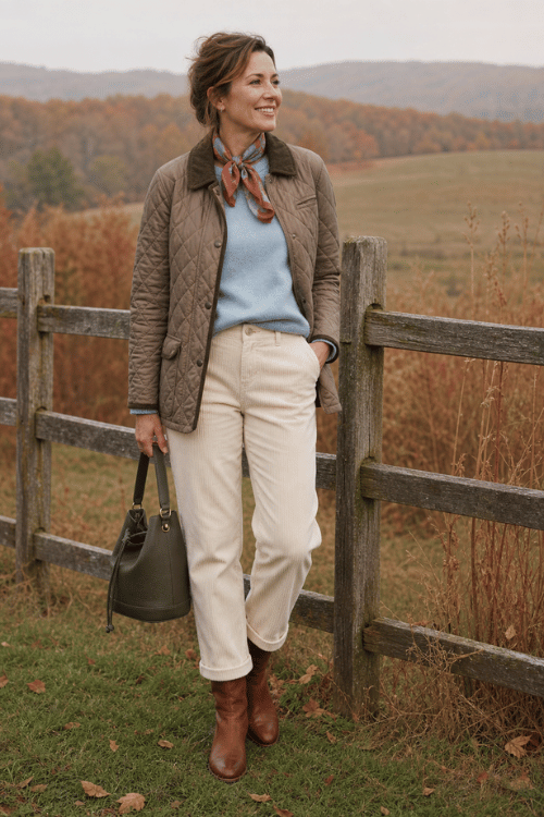 Woman wearing a quilted taupe jacket with a light blue sweater, cream straight-leg jeans, brown ankle boots, a silk scarf, and a bucket bag.