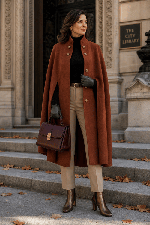 Woman wearing a rust cape coat over a black turtleneck with beige tailored trousers, brown leather ankle boots, gloves, and a structured handbag.