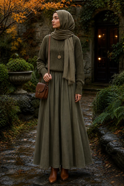 Woman wearing an olive hijab, knit sweater, and flowing maxi skirt with a brown crossbody bag in an autumn garden.