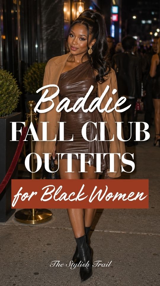 a Black woman in a baddie fall club outfit with a brown leather mini dress, a camel coat and boots