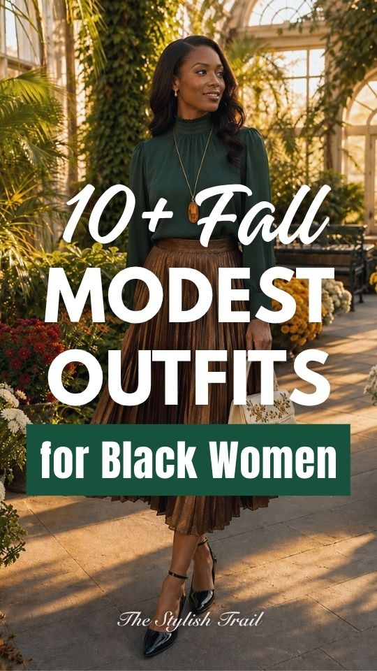a Black woman in a fall modest outfit with a green sweater, a brown pleated skirt and green flats