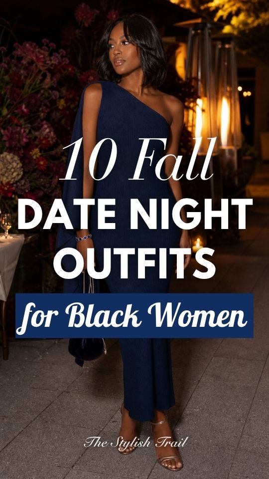 a Black woman wears a fall date night outfit with a navy blue dress