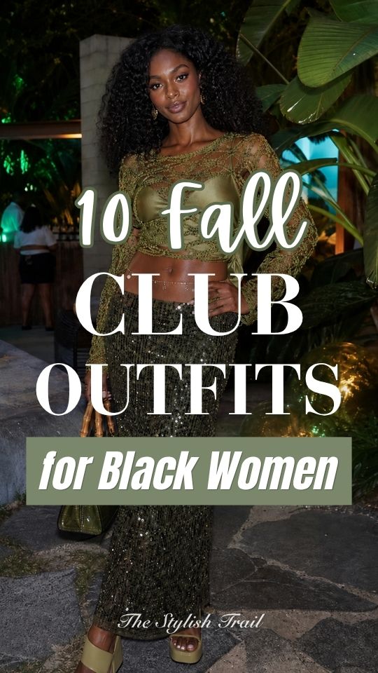 a Black women in a fall club outfit with a green lace top and a sequin skirt