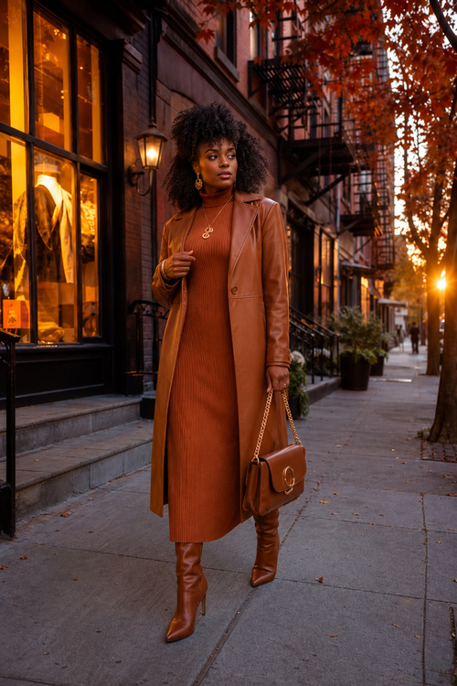 a black woman wears a brown fall outfit with a leather coat, ribbed midi dress, and knee-high boots