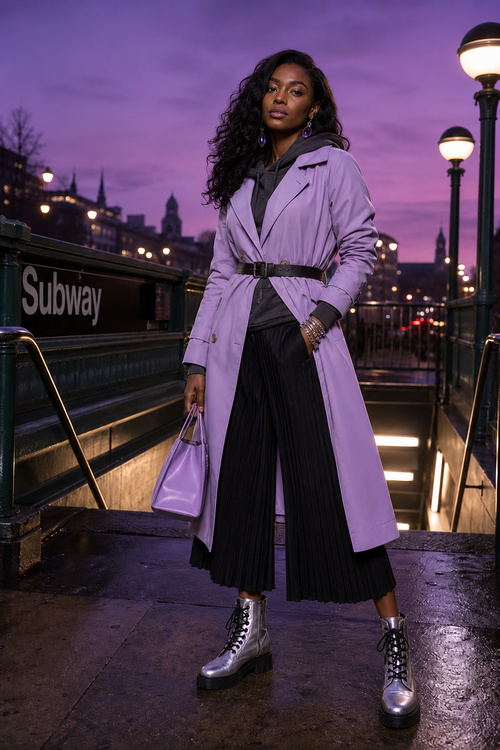 a black woman wears a fall outfit with a lavender trench coat, black pleated culottes, and silver boots