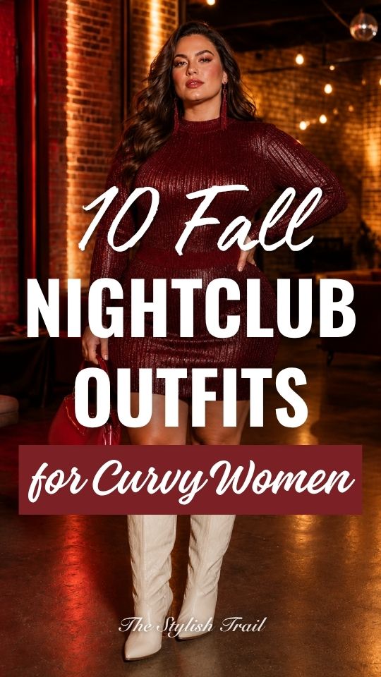 a curvy woman in a fall going out nightclub outfit with a burgundy sparkling mini dress with matching clutch