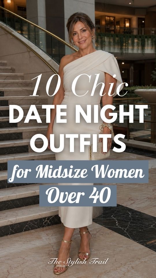 a midsize woman over 40 in a date night outfit with a one shoulder cream dress and metallic heels