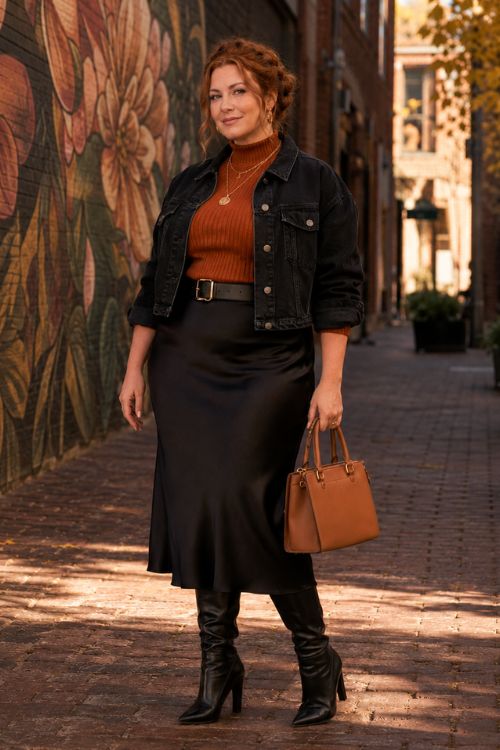 a plus size woman in a black satin midi skirt with a rust sweater and denim jacket