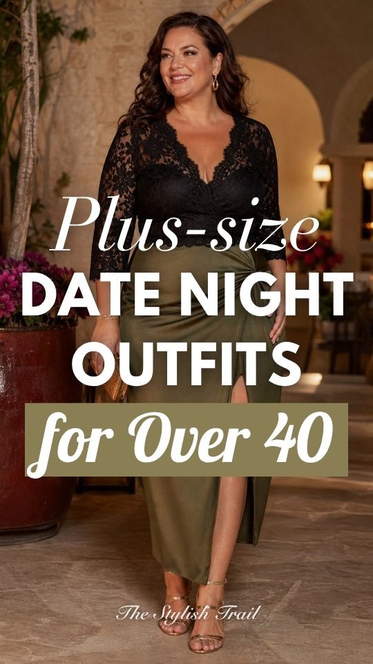 a plus-size woman over 40 in a date night outfit with a black lace top and a split olive skirt