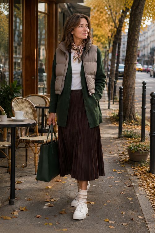 a woman in a brown pleated midi skirt with a cardigan and puffer vest