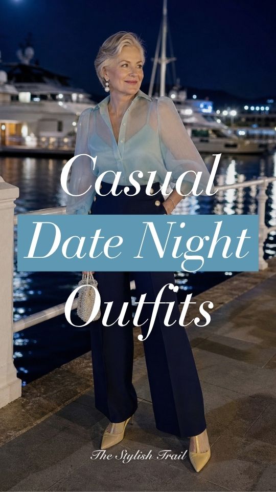 a woman in a casual date night outfit with a sheer light blue blouse with navy wide-leg trousers, gold pointed heels