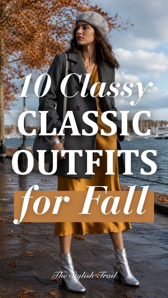 a woman in a classy classic outfit for fall with a golden dress and a gray blazer