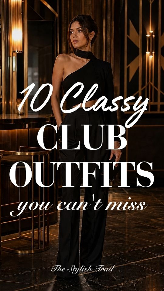 a woman in a classy club outfit with a black one shoulder top with matching pants