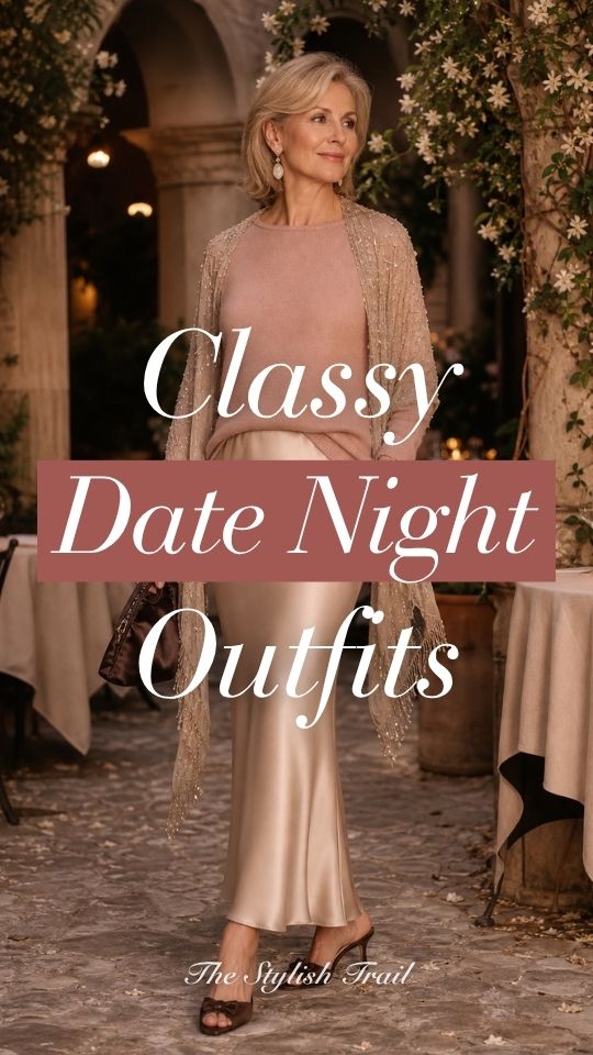 a woman in a classy date night outfit with a blush pink sweater with a champagne satin skirt, embellished wrap, and heeled sandals