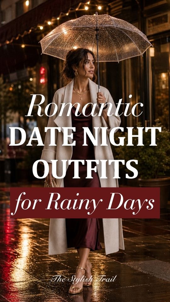 a woman in a date night outfit for rainy day with a burgundy satin slip dress with a long cream coat, strappy heels