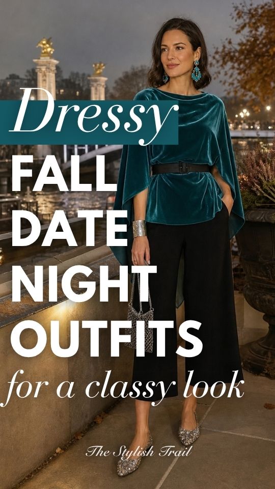 a woman in a dressy classy fall date night outfit with a teal velvet cape-style top with a black belt, cropped wide-leg trousers, embellished flats