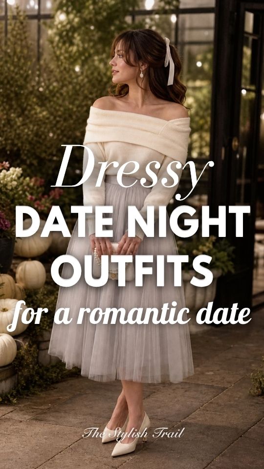 a woman in a dressy romantic date night outfit with an off shoulder cream top with a chiffon pleated skirt
