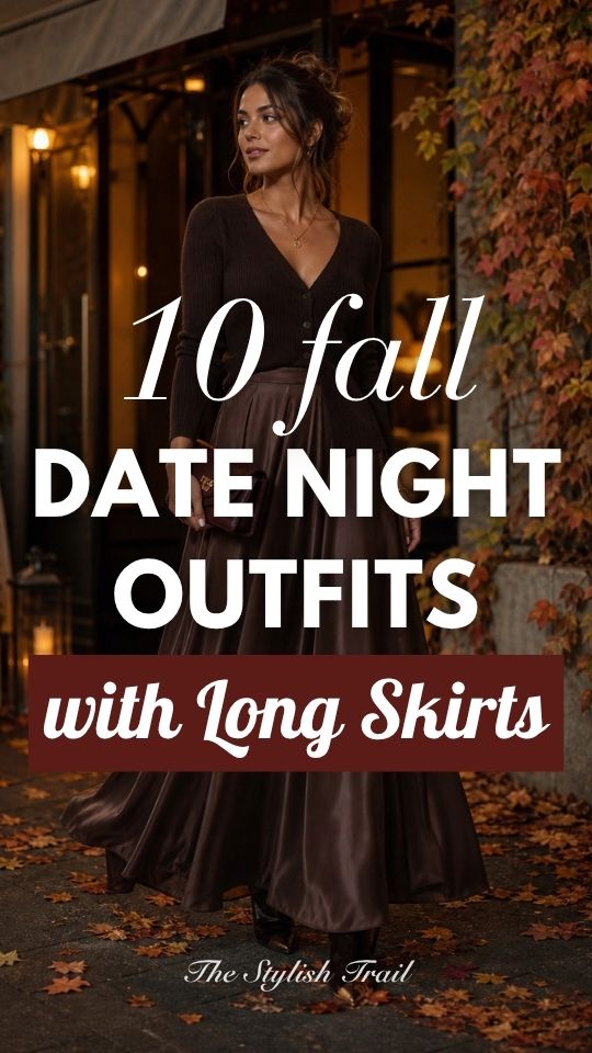 a woman in a fall date night outfit with long skirt