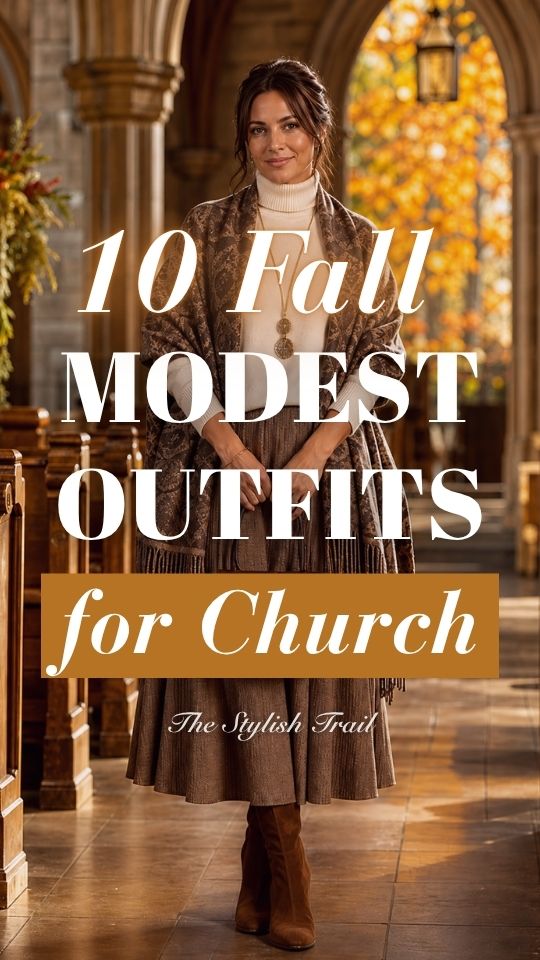 a woman in a fall modest outfit for church with a cream sweater, a shawl and brown skirt, suede boots