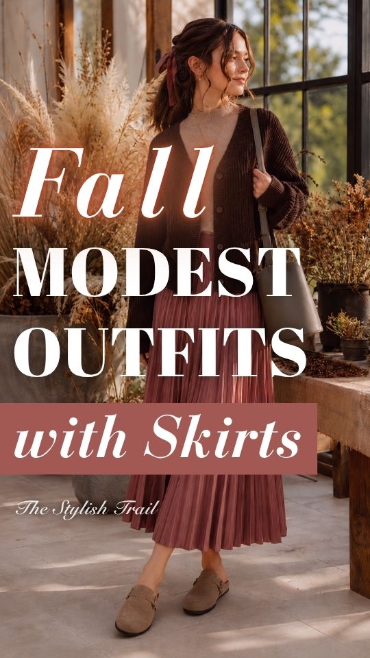 a woman in a fall modest outfit with a skirt, a beige sweater, a brown cardigan and matching flats