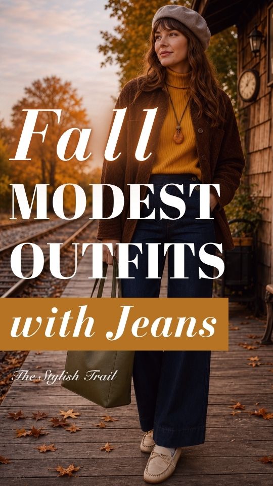 a woman in a fall modest outfit with jeans, a mustard sweater, a dark jacket