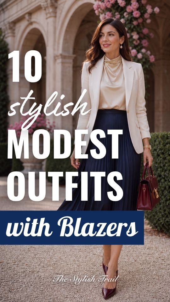a woman in a modest outfit with a blazer over a draped satin blouse with a navy pleated midi skirt, burgundy pointed pumps