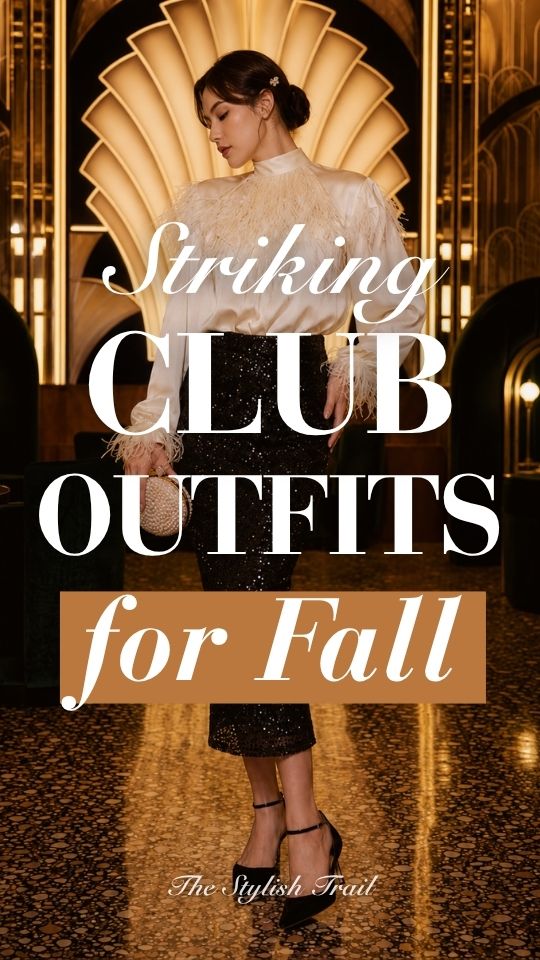 a woman in a stunning fall club outfit with a white fringe blouse and a sequin midi skirt