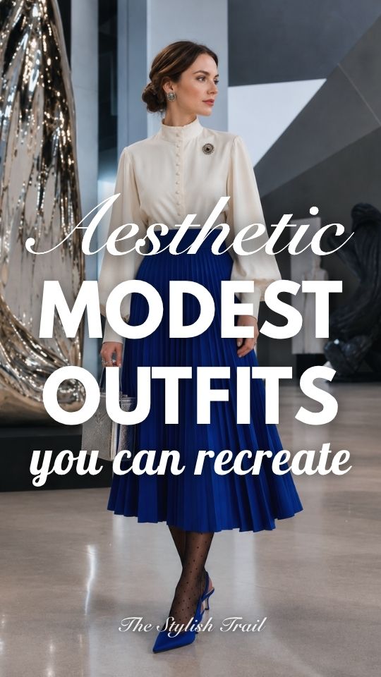 a woman in an aesthetic modest outfit with a cream highneck blouse with long sleeves and a pleated navy skirt, matching heels