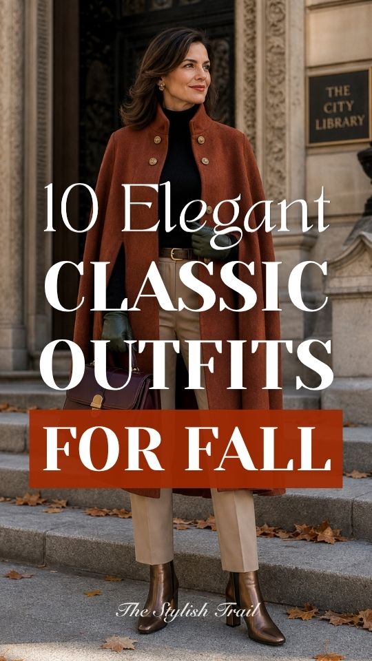 a woman in classic outfit for fall with a trench coat, a fitted black top, pants and boots