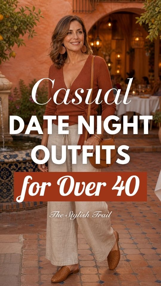 a woman over 40 in a casual date night outfit with a rust wrap sweater and relaxed pants