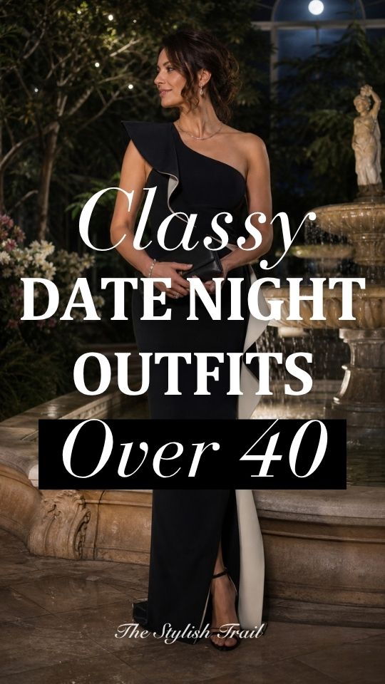 a woman over 40 in a classy date night outfit with a one shoulder black ruffle dress