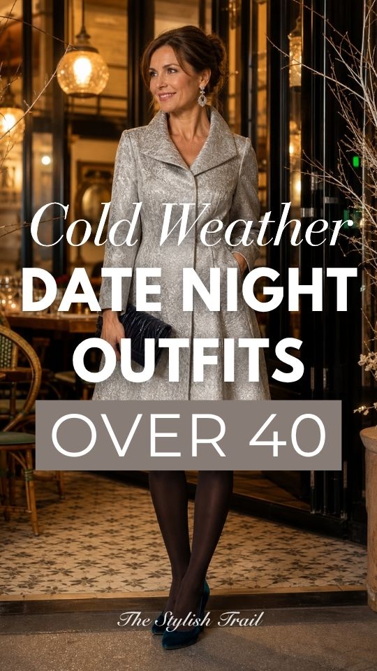 a woman over 40 in a date night outfit for cold weather with a silver textured A-line coat with black tights, dark pumps, drop earrings