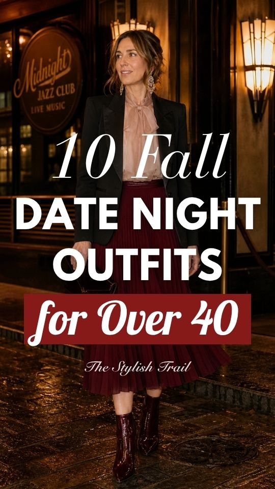 a woman over 40 in a fall date night outfit with a black blazer is styled with a blush pink ruffled blouse, burgundy skirt, and burgundy ankle boots