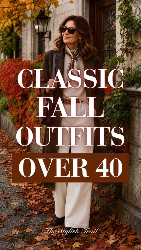 a woman over 40 wears a classy fall outfit with an olive coat with a cream sweater, white wide-leg trousers, brown ankle boots