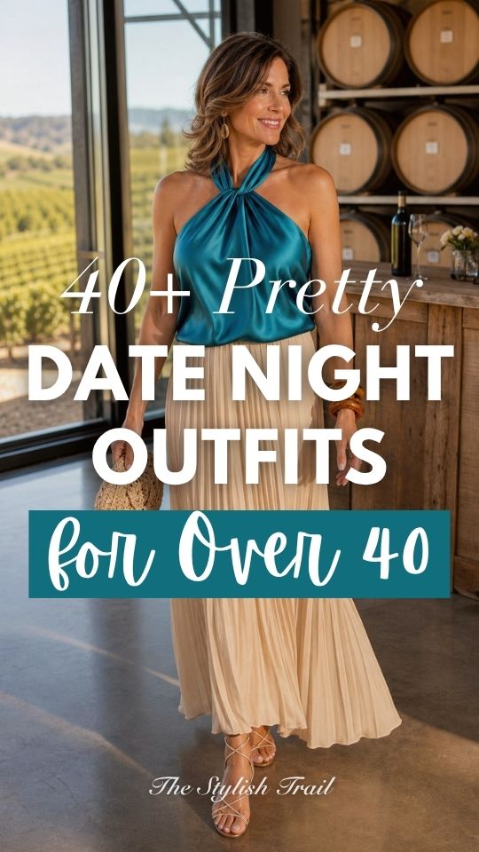 a woman over 40 wears a date night outfit with a teal halter top and a cream pleated skirt